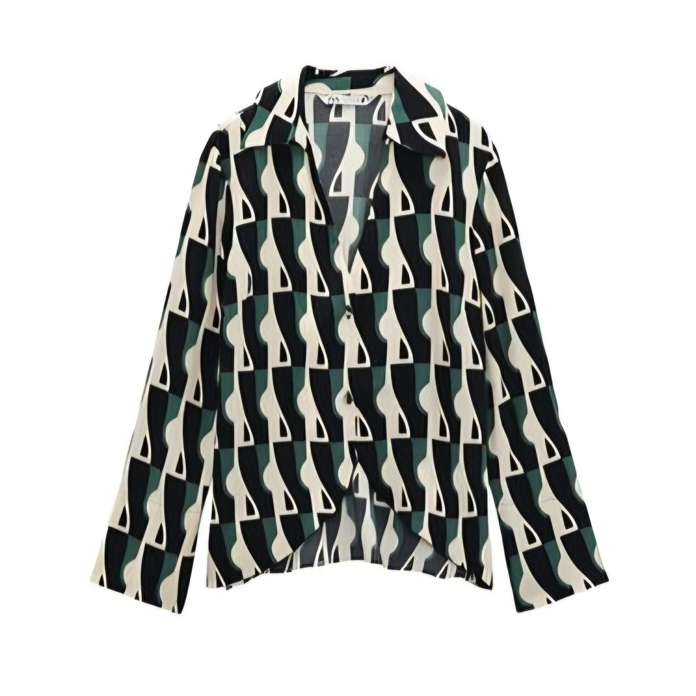 NWT Zara Green Geometric Flowy Button Front TopSize L Retro Mod Psychedelic